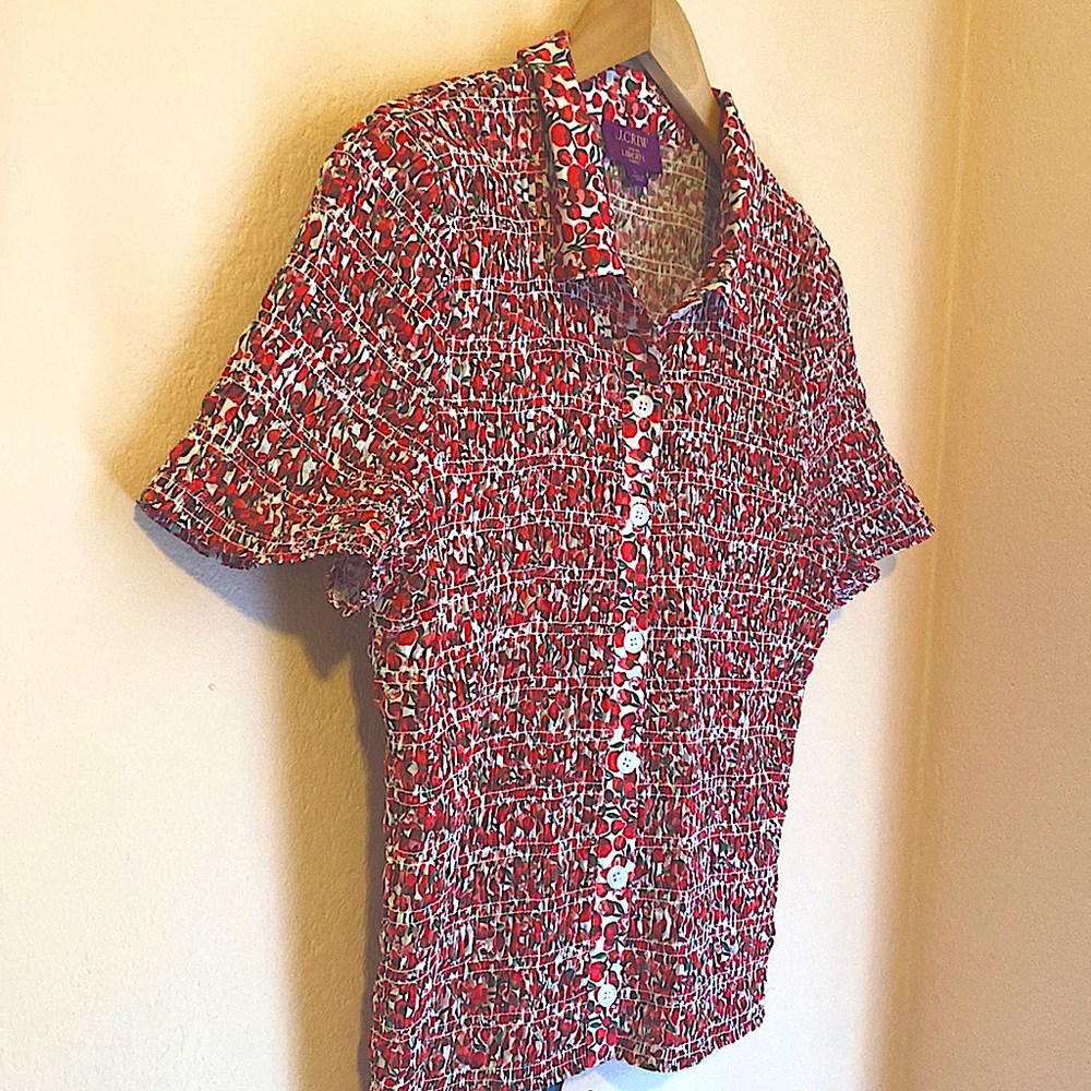 J Crew Smocked Button-up Shirt in Liberty Eliza's Red Fabric Large runs small - Picture 7 of 12